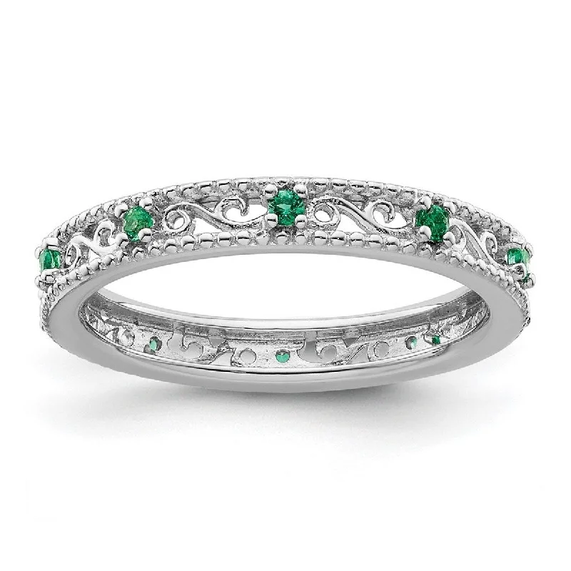 Emerald Gemstone Rings with Diamond - Encrusted HalosCurata 3mm 925 Sterling Silver Polished Prong set Stackable Expressions Created Emerald Ring