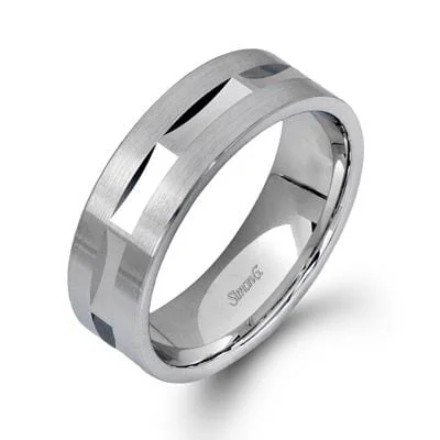 Wedding Bands with Hidden Diamond Halo Under the SettingWhite Gold Mens Band.