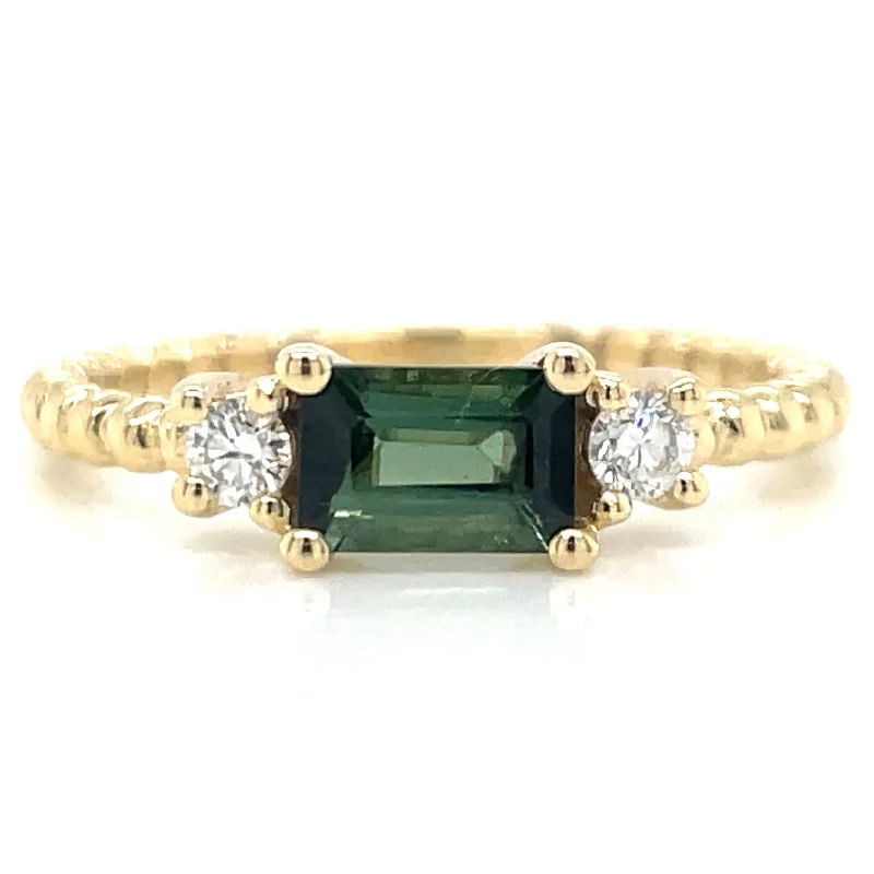 Topaz Gemstone Rings with a Faceted Cut and Shimmering Effect9ct Yellow Gold Earth Grown Horizontal Green Tourmaline & Diamond Ring