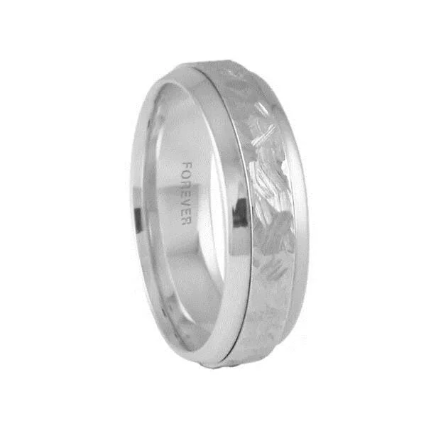 Custom - Engraved Wedding Bands with Personalized MessagesWhite Gold Hammered Mens Band. 6.5mm Wide.