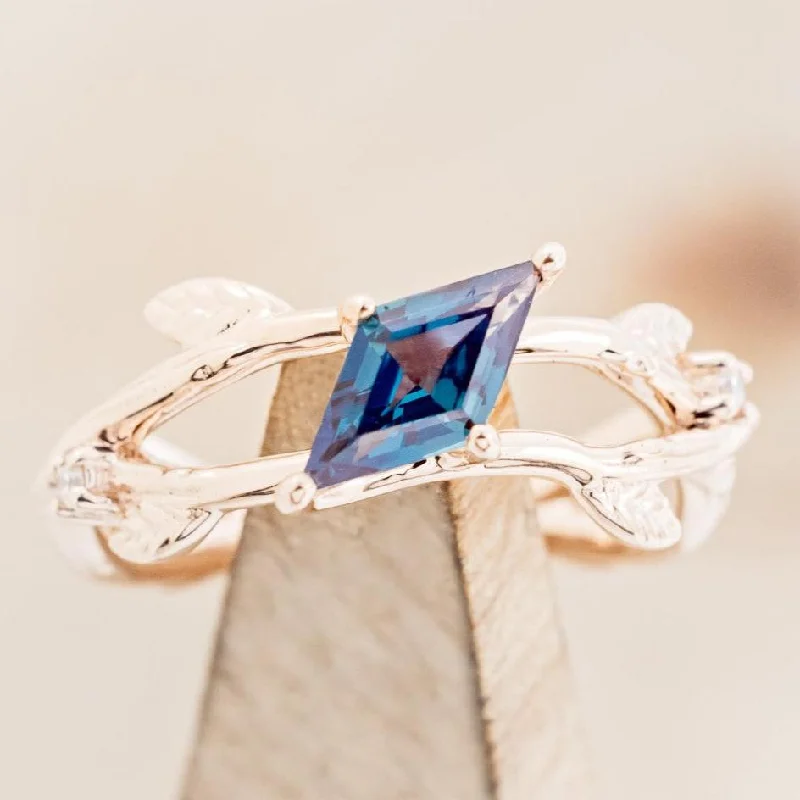 "ARTEMIS ON THE VINE" DIAGONAL - LOZENGE CUT LAB-GROWN ALEXANDRITE ENGAGEMENT RING WITH DIAMOND ACCENTS & A BRANCH-STYLE BAND