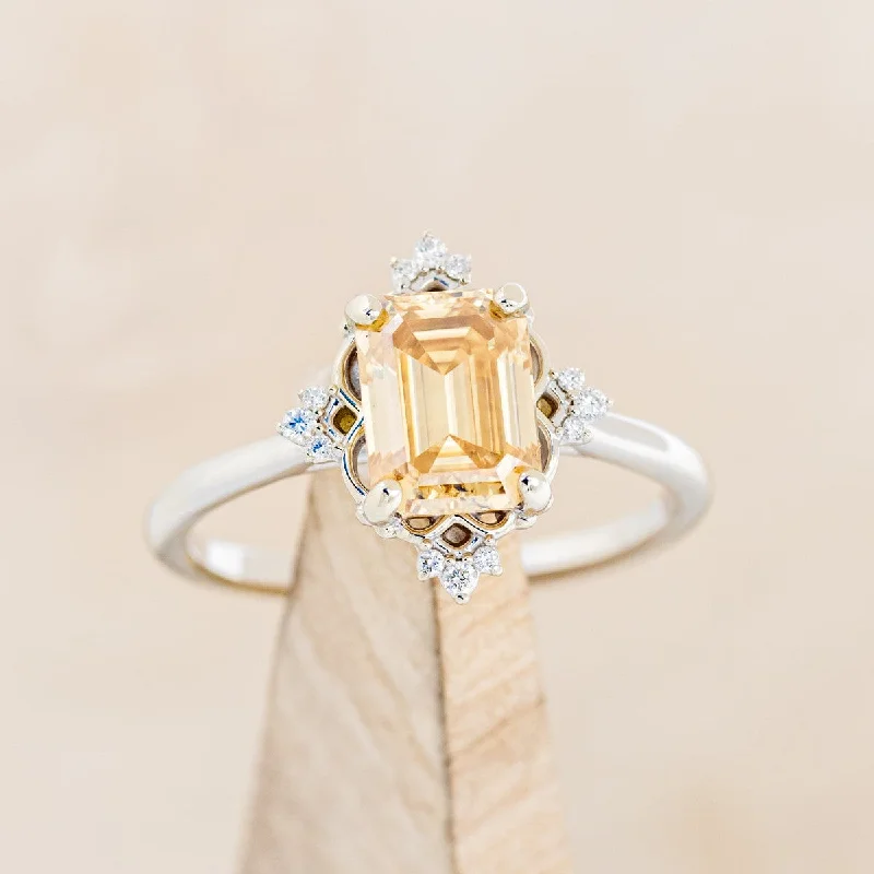 "TREVA" - EMERALD CUT CHAMPAGNE BROWN MOISSANITE ENGAGEMENT RING WITH DIAMOND ACCENTS