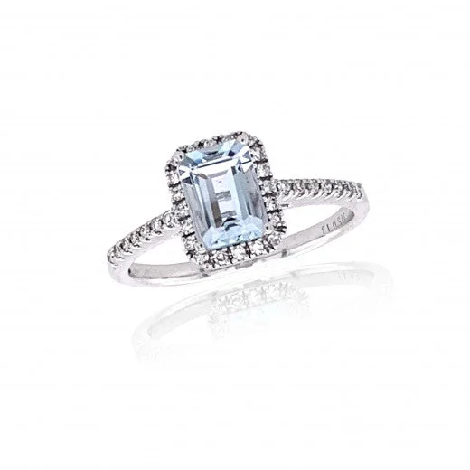 Moonstone Gemstone Rings with a Mysterious Sheen9ct White Gold Emerald Cut Aquamarine with Castle Set Diamond Halo & Shoulders