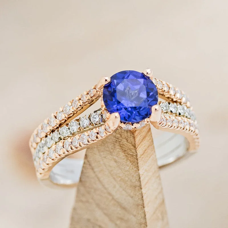 "ROXIE" - ROUND CUT LAB-GROWN SAPPHIRE ENGAGEMENT RING WITH DIAMOND ACCENTS