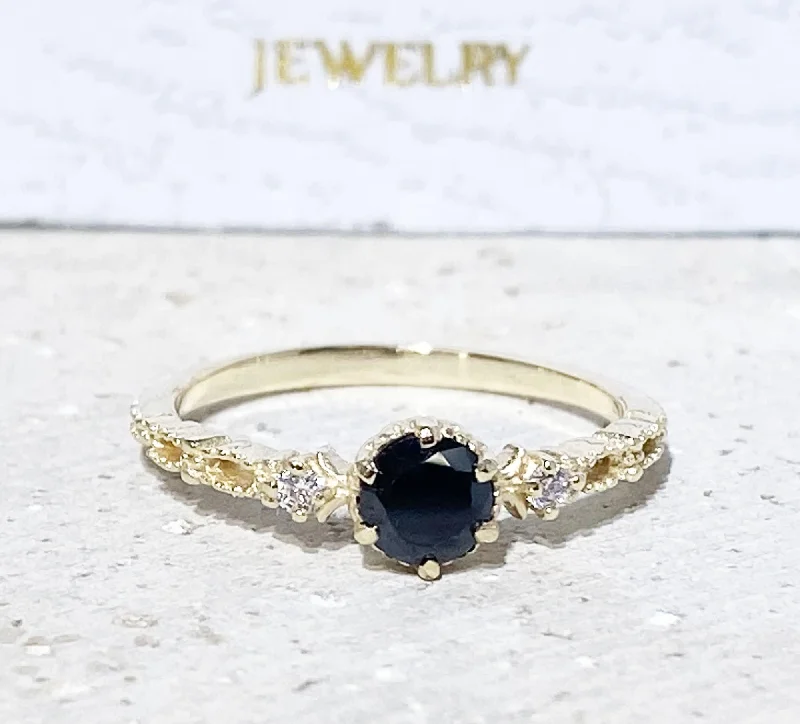 Moonstone Gemstone Rings with a Mysterious SheenBlack Onyx Ring - December Birthstone - Delicate Ring with Round Shape Black Onyx Center Gemstone and Clear Quartz Accents