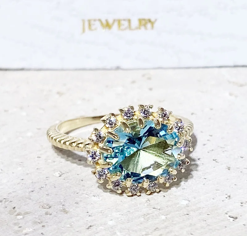 Jade Gemstone Rings with Intricate CarvingsAquamarine Ring - March Birthstone - Engagement Ring with Oval Aquamarine Center Stone and Clear Quartz Halo