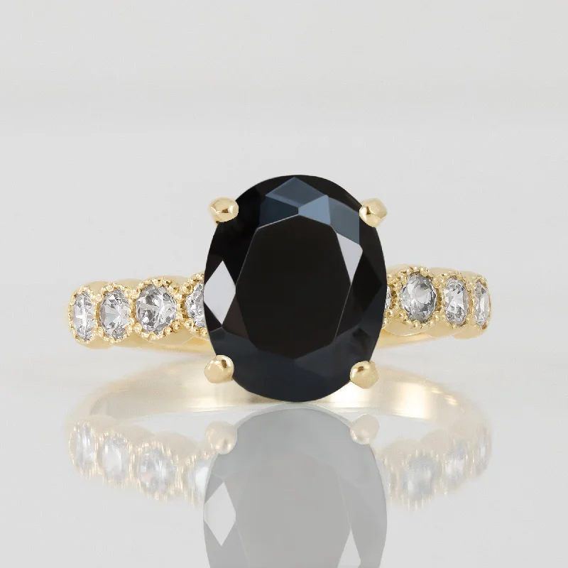 Tourmaline Gemstone Rings in a Multicolor ArrayBlack Onyx Ring - December Birthstone - Oval Black Onyx Gemstone Statement Engagement Ring with Clear Quartz Accents