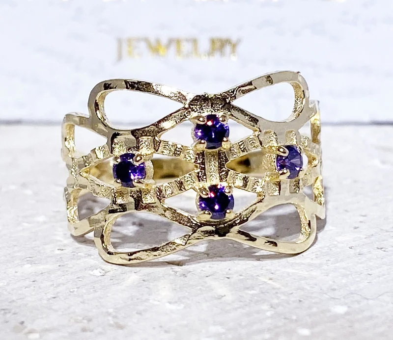 Emerald Gemstone Rings with Diamond - Encrusted HalosAmethyst Ring - February Birthstone - Hammered Ring with Round Purple Amethyst Gemstones