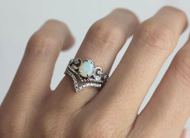 Vintage - Inspired Wedding Bands with Filigree ScrollworkMaxine Pear Opal Ring Set