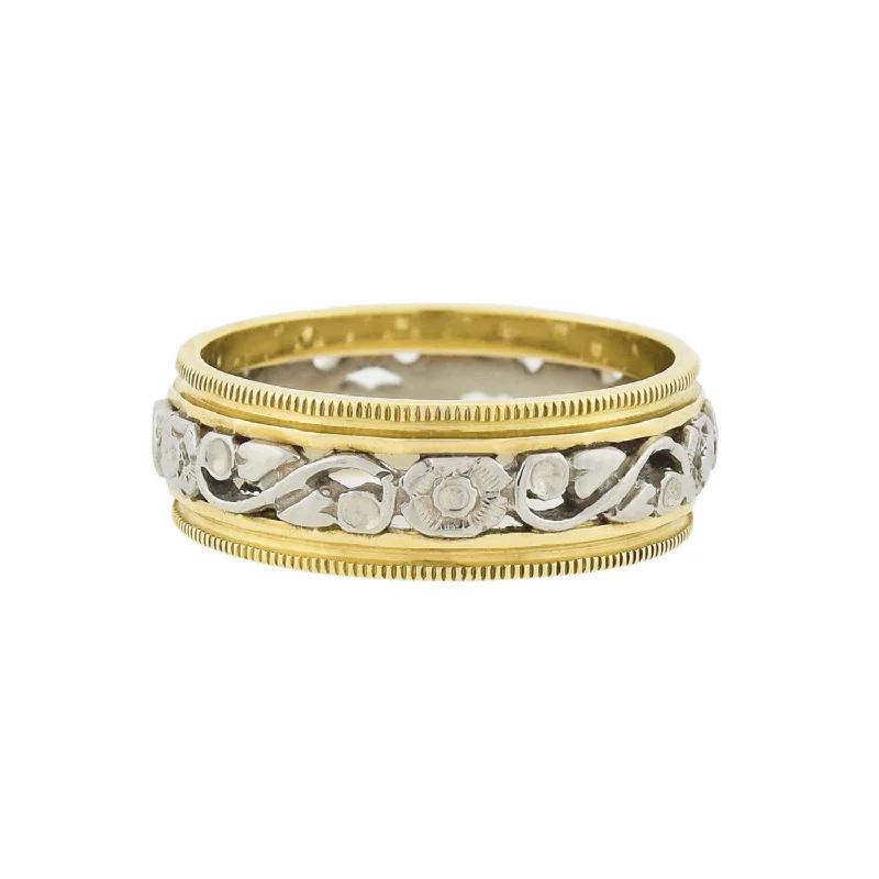 Laser - Cut Wedding Bands with Intricate Geometric PatternsRetro 14kt Yellow + White Gold Mixed Metals Carved Floral Band