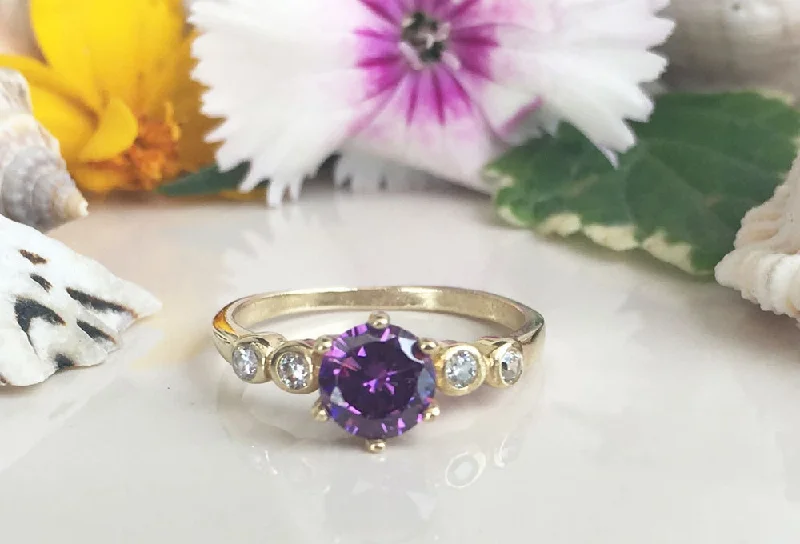 Garnet Gemstone Rings with a Vintage - Style Bezel SettingAmethyst Ring - February Birthstone - Ring with Round Amethyst Center Stone and Clear Quartz Accents