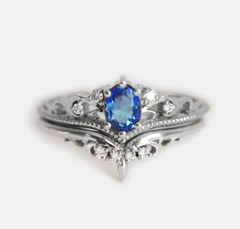 Vintage - Inspired Wedding Bands with Filigree ScrollworkJacqueline Vintage Blue Sapphire Diamond Ring Set