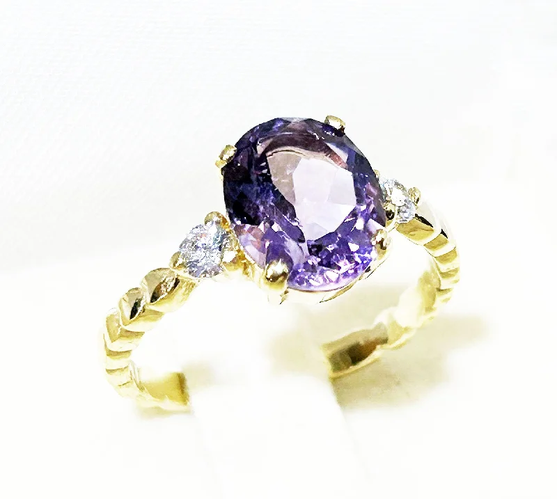 Lapis Lazuli Gemstone Rings with Gold - Leaf InclusionsAmethyst Ring - February Birthstone - Oval Amethyst Ring with Clear Quartz Accents