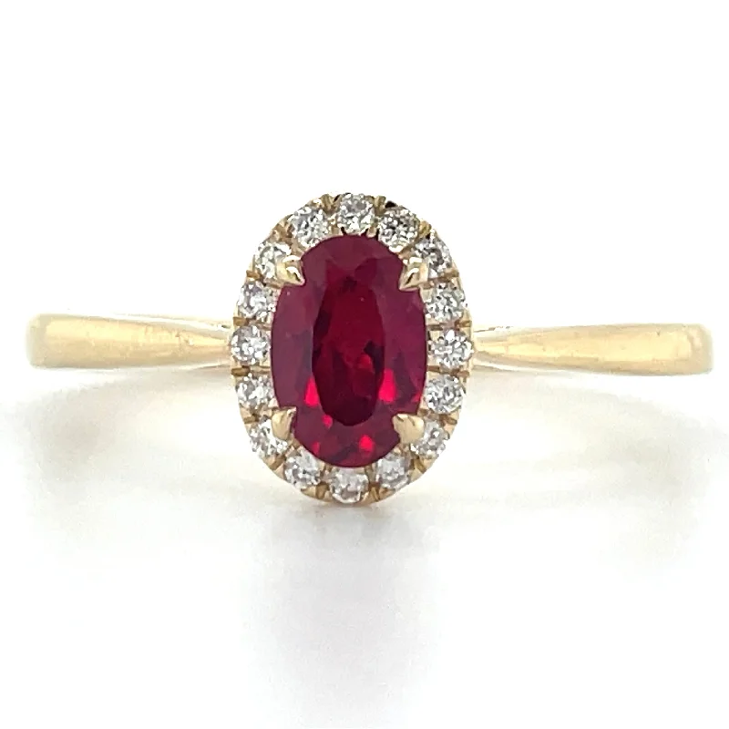 Alexandrite Gemstone Rings with a Chameleon - like Color Change14ct Yellow Gold Laboratory Grown Oval Ruby & Diamond Halo Ring