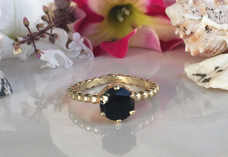 Opal Gemstone Rings with a Rainbow - Hued Play of ColorBlack Onyx Ring - December Birthstone - Beaded Band Ring with Round Black Onyx Gemstone