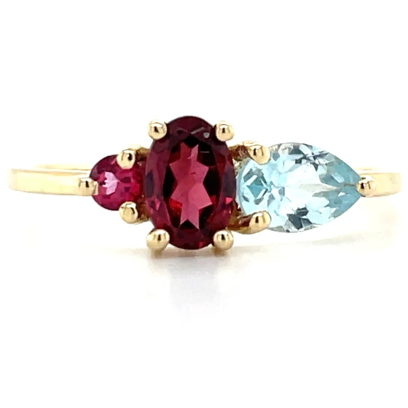 Moonstone Gemstone Rings with a Mysterious Sheen9ct Yellow Gold Earth Grown Blue Topaz, Pink Topaz & Rhodolite Ring