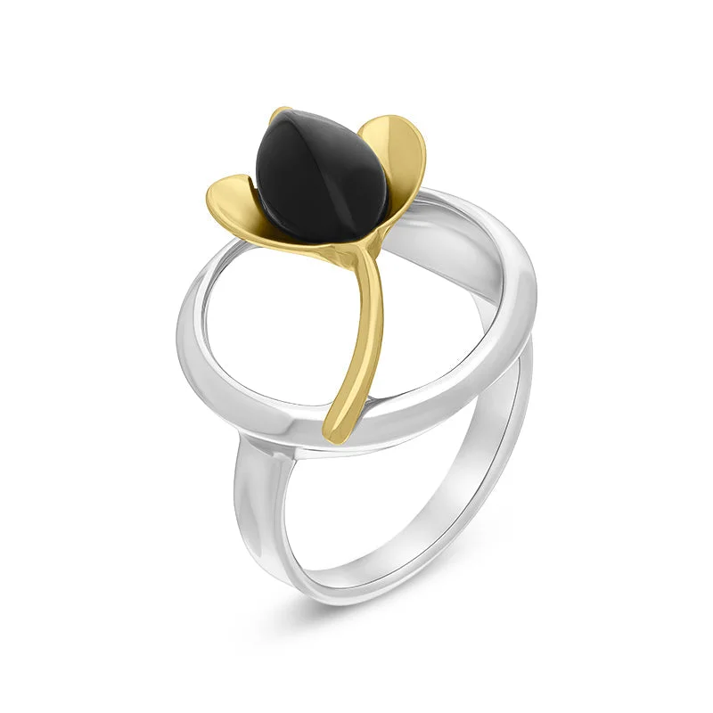 Rustic - Style Wedding Bands Made from Recycled Metals18ct Yellow Gold Plated Sterling Silver Whitby Jet Open Circle Leaf Ring