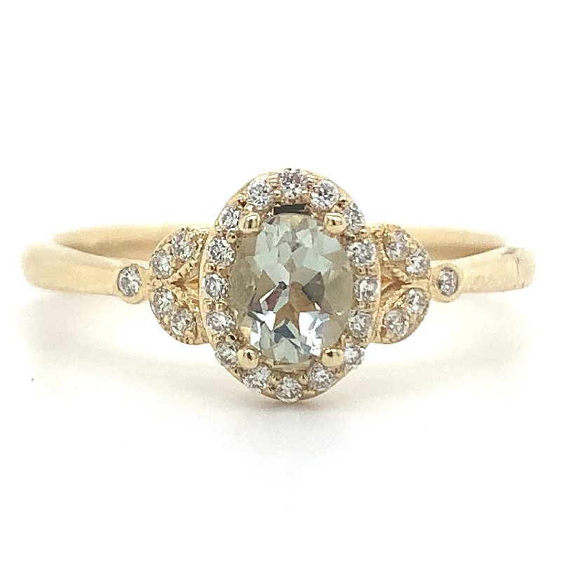 Opal Gemstone Rings with a Rainbow - Hued Play of Color9ct Yellow Gold 0.40ct Oval Green Amethyst Castle Halo With Vintage 0.12ct Diamond Side Detail Ring