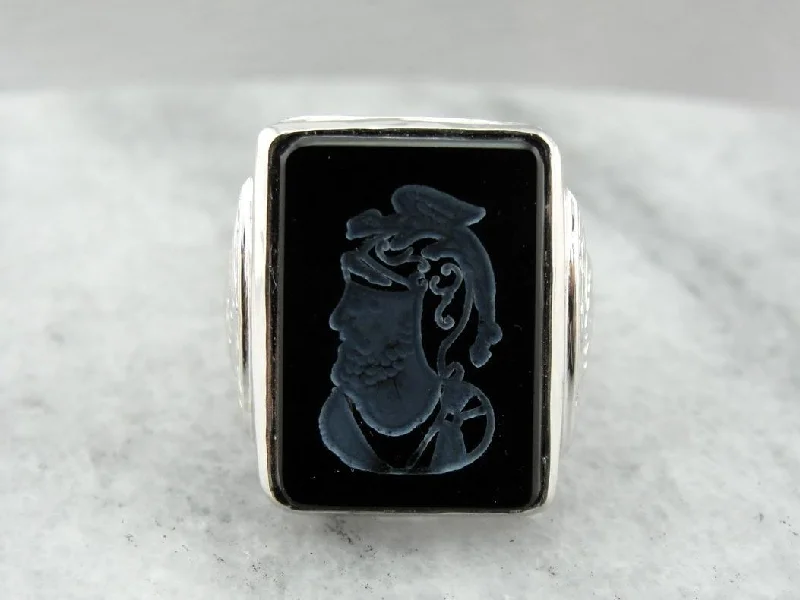 Jade Gemstone Rings with Intricate CarvingsThe Lord of Dragons: Vintage Intaglio Ring with Warrior Onyx