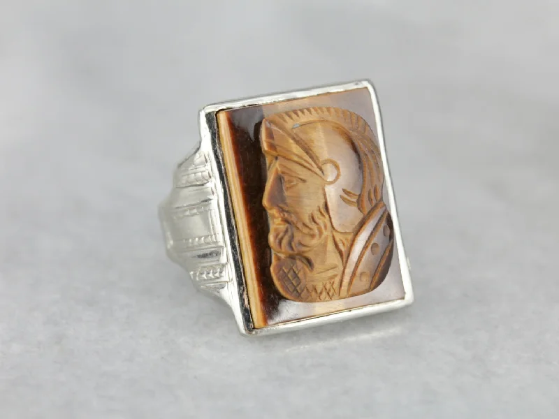 Agate Gemstone Rings with a Banded and Textured DesignVintage Tiger's Eye Cameo White Gold Men's Ring