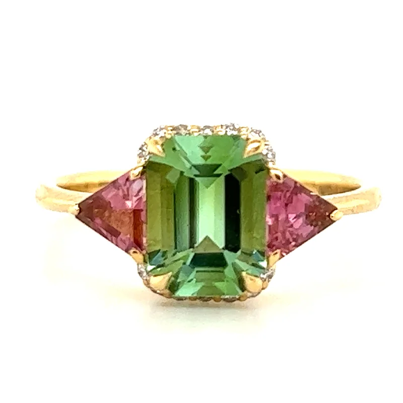 Alexandrite Gemstone Rings with a Chameleon - like Color ChangeEmerald Cut Green Tourmaline & Trillion Cut Pink Tourmaline with accent Diamond in 18kt Gold