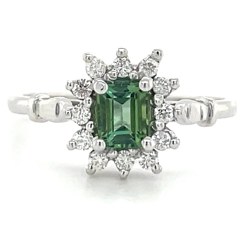 Citrine Gemstone Rings in a Modern Minimalist Style9ct White Gold Earth Grown Emerald Cut Green Tourmaline & Diamond Cluster Ring