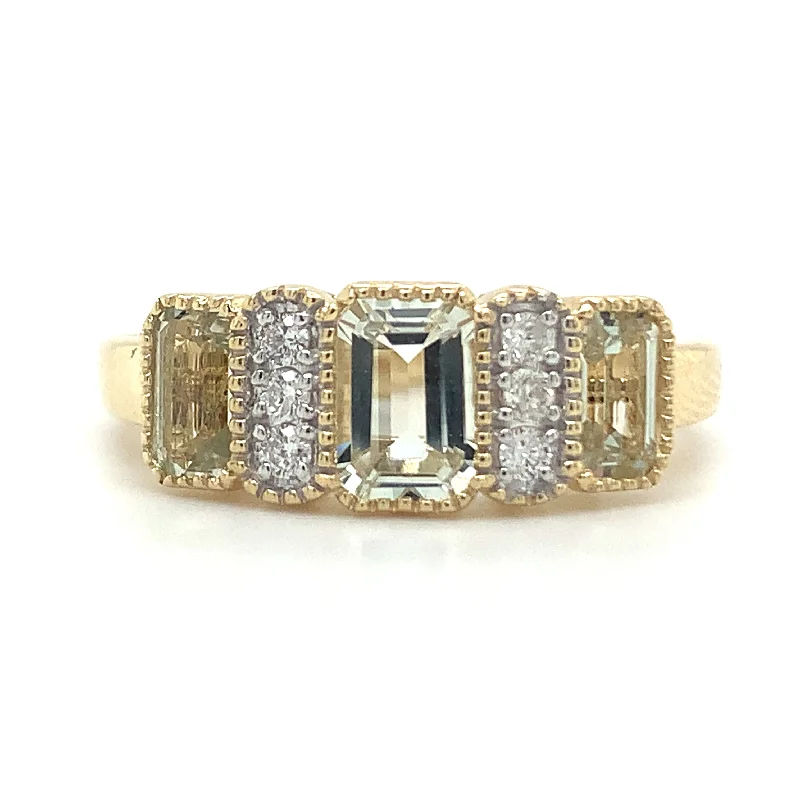 Agate Gemstone Rings with a Banded and Textured Design9ct Yellow Gold Earth Grown Emerald Cut 1.20ct Green Amethyst Trio & Diamond Ring