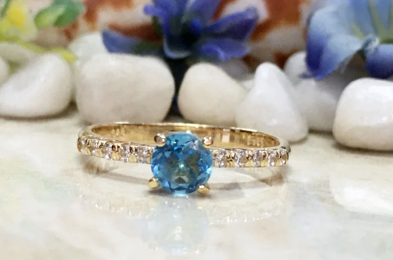 Tanzanite Gemstone Rings with Platinum Milgrain DetailingAquamarine Ring - March Birthstone - Round Aquamarine Ring with Clear Quartz Accents