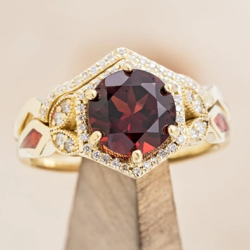 "LUCY IN THE SKY" - ROUND CUT GARNET ENGAGEMENT RING WITH DIAMOND ACCENTS, RED OPAL INLAYS AND A DIAMOND TRACER