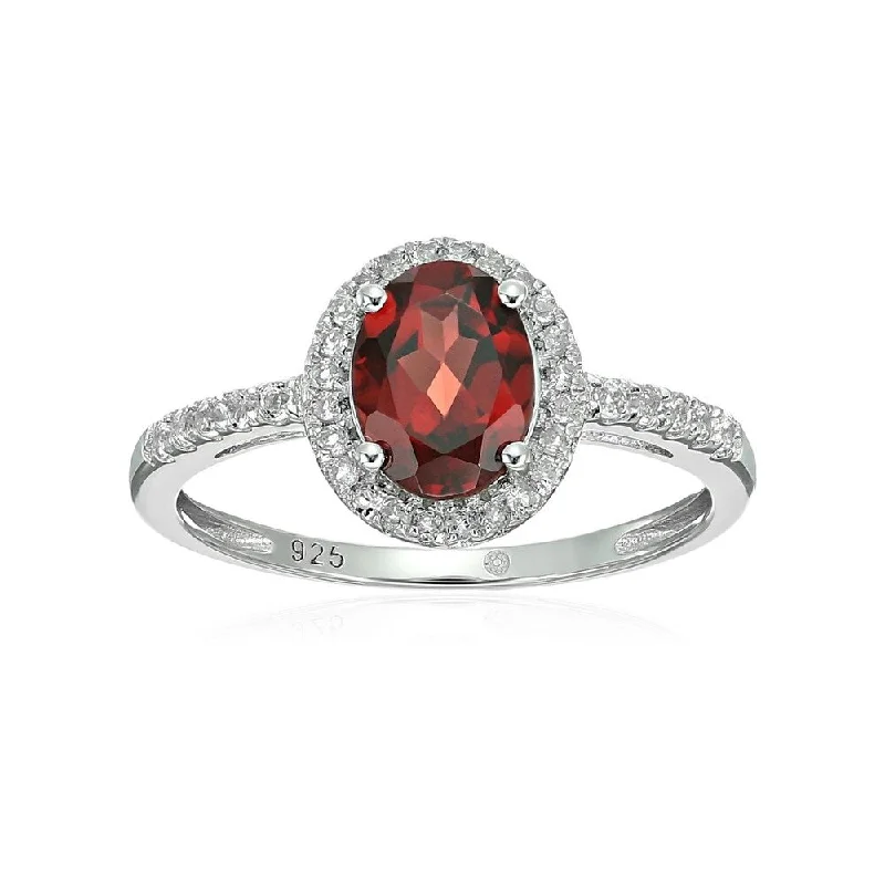 Garnet Gemstone Rings with a Vintage - Style Bezel SettingSterling Silver Oval Garnet and White Topaz Ring