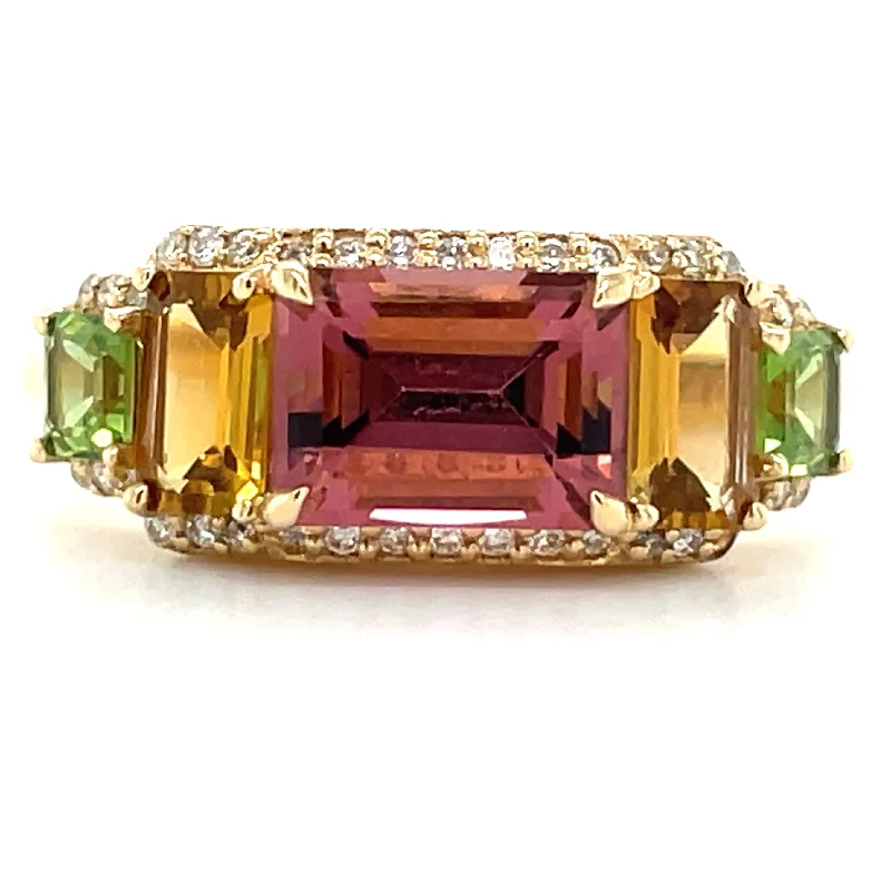 Sapphire Gemstone Rings in a Victorian - Inspired Design18ct Yellow Gold Earth Grown Pink Tourmaline, Orange Tourmaline, Green Tourmaline & Diamond Ring