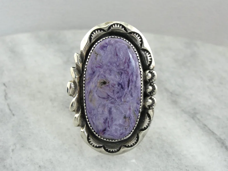 Tanzanite Gemstone Rings with Platinum Milgrain DetailingOversized Charoite Gemstone Statement Ring, Sterling Silver Mounting from the American West