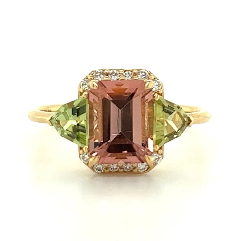 Jade Gemstone Rings with Intricate CarvingsPink & Green Tourmaline with Diamond Halo 18kt Gold Ring