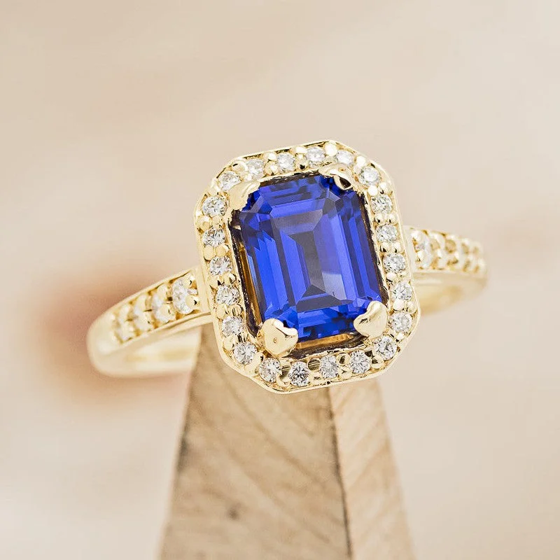 "KARLA" - EMERALD CUT LAB-GROWN SAPPHIRE ENGAGEMENT RING WITH DIAMOND HALO & ACCENTS