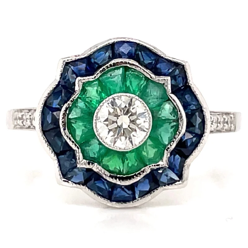 Peridot Gemstone Rings with a Floral - Motif Band18ct White Gold Earth Grown Diamond, Sapphire And Emerald Ring