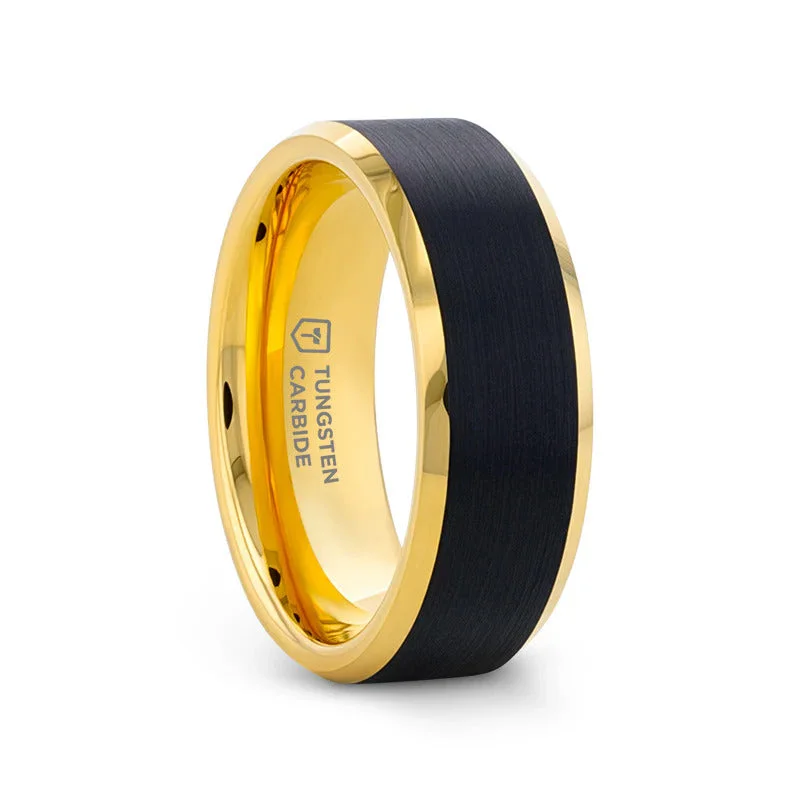 Wedding Bands with Symbolic Infinity Sign CarvingsGASTON Gold Plated Tungsten Band With Brushed Black Center - 6mm