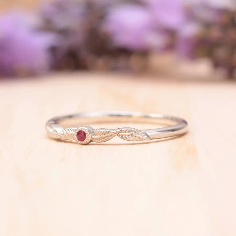 Hand - Forged Silver Wedding Bands with Celtic Knotwork DesignsPink Tourmaline Birthstone Leaf Ring