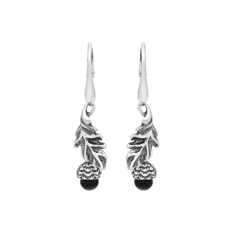 Wedding Bands with Hidden Diamond Halo Under the SettingSterling Silver Whitby Jet Acorn Leaf Hook Earrings