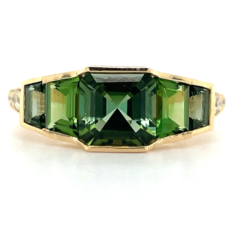 Alexandrite Gemstone Rings with a Chameleon - like Color Change18ct Yellow Gold Earth Grown Tapered Green Tourmaline & Diamond Ring