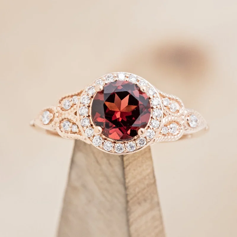 ROUND CUT GARNET ENGAGEMENT RING WITH DIAMOND HALO & ACCENTS