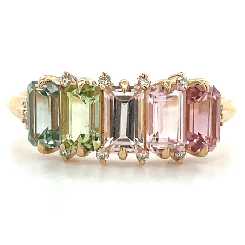 Emerald Gemstone Rings with Diamond - Encrusted Halos14ct Yellow Gold Earth Grown 1.39ct Pastel Tourmaline & Diamond Ring