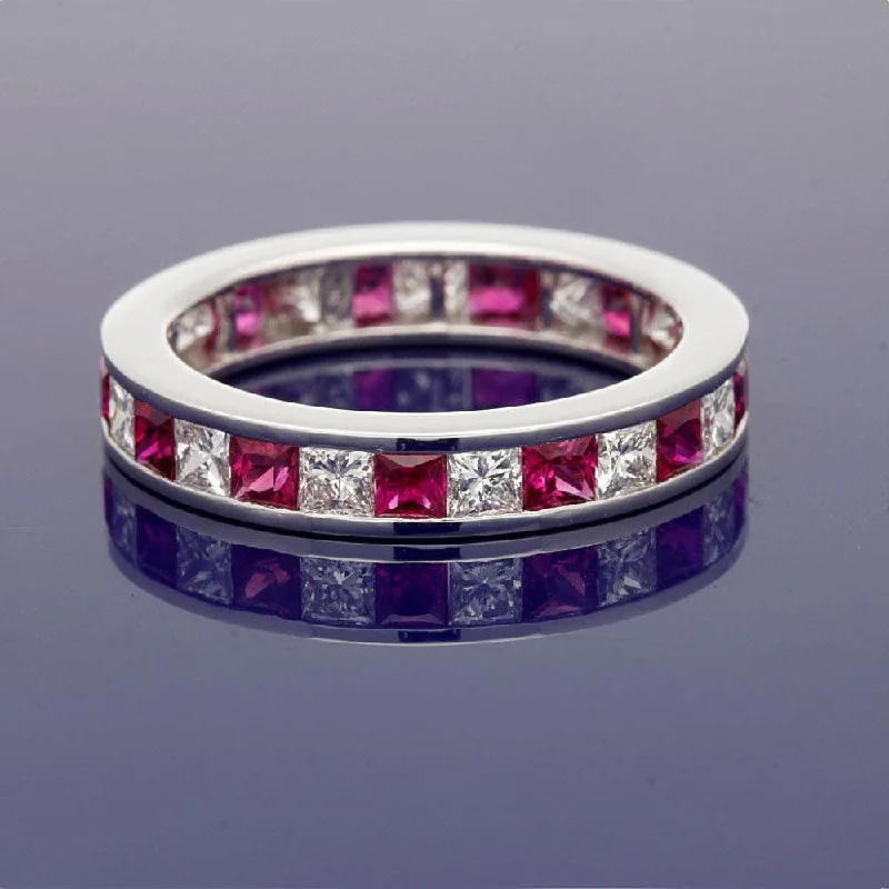 Tanzanite Gemstone Rings with Platinum Milgrain Detailing18ct White Gold Channel Set Princess Cut Ruby and Diamond Full Eternity Ring