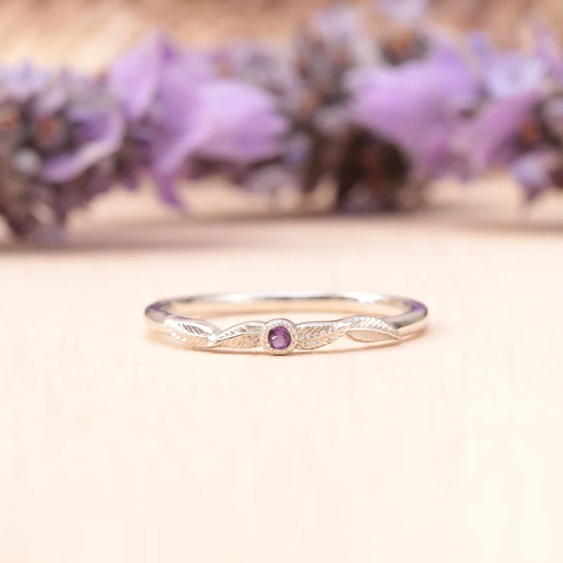 Wedding Bands with Hidden Diamond Halo Under the SettingAmethyst Birthstone Leaf Ring