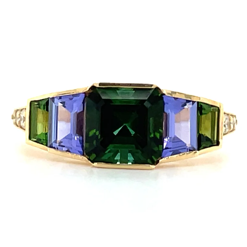 Garnet Gemstone Rings with a Vintage - Style Bezel Setting18ct Yellow Gold Earth Grown Green Tourmaline, Tanzanite & Diamond Ring