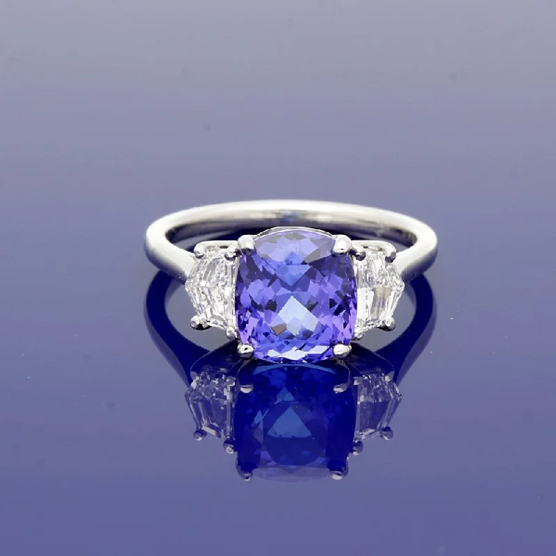 Sapphire Gemstone Rings in a Victorian - Inspired DesignPlatinum Trilogy Ring with 3.89ct Tanzanite and Cadillac Diamond Shoulders