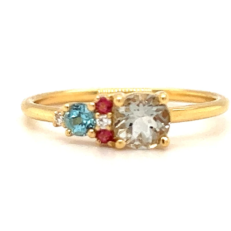 Morganite Gemstone Rings with Rose Gold AccentsEarth Grown Green Amethyst, Blue & Pink Topaz and Diamond 18ct Gold Ring