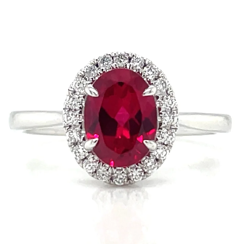 Topaz Gemstone Rings with a Faceted Cut and Shimmering Effect14ct White Gold Laboratory Grown 1.40ct Ruby And 0.15ct Diamond Halo Ring