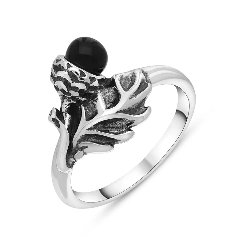 Vintage - Inspired Wedding Bands with Filigree ScrollworkSterling Silver Whitby Jet Acorn Leaf Ring