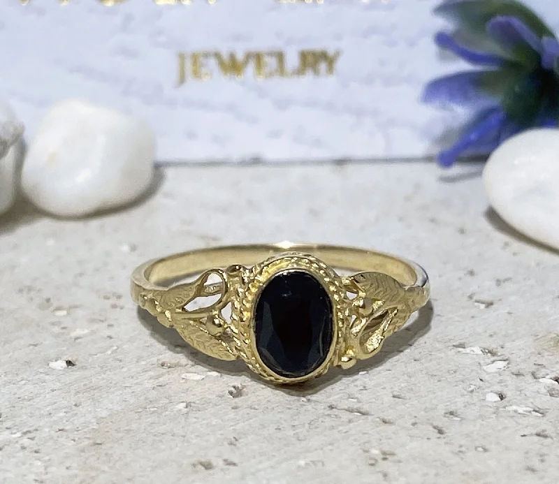 Ruby Gemstone Rings with Intricate Gold Filigree SettingsBlack Onyx Ring - December Birthstone - Delicate Lace Ring with Oval Black Onyx Stone and Leaves Accents