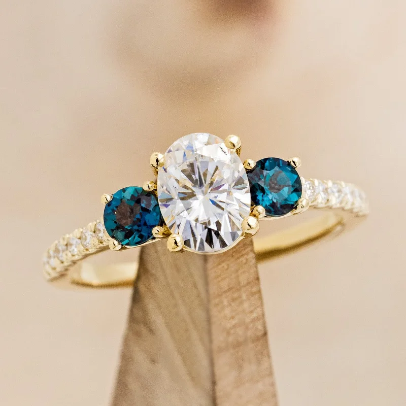 "COSETTE" - OVAL MOISSANITE & LAB-GROWN ALEXANDRITE ENGAGEMENT RING WITH DIAMOND ACCENTS